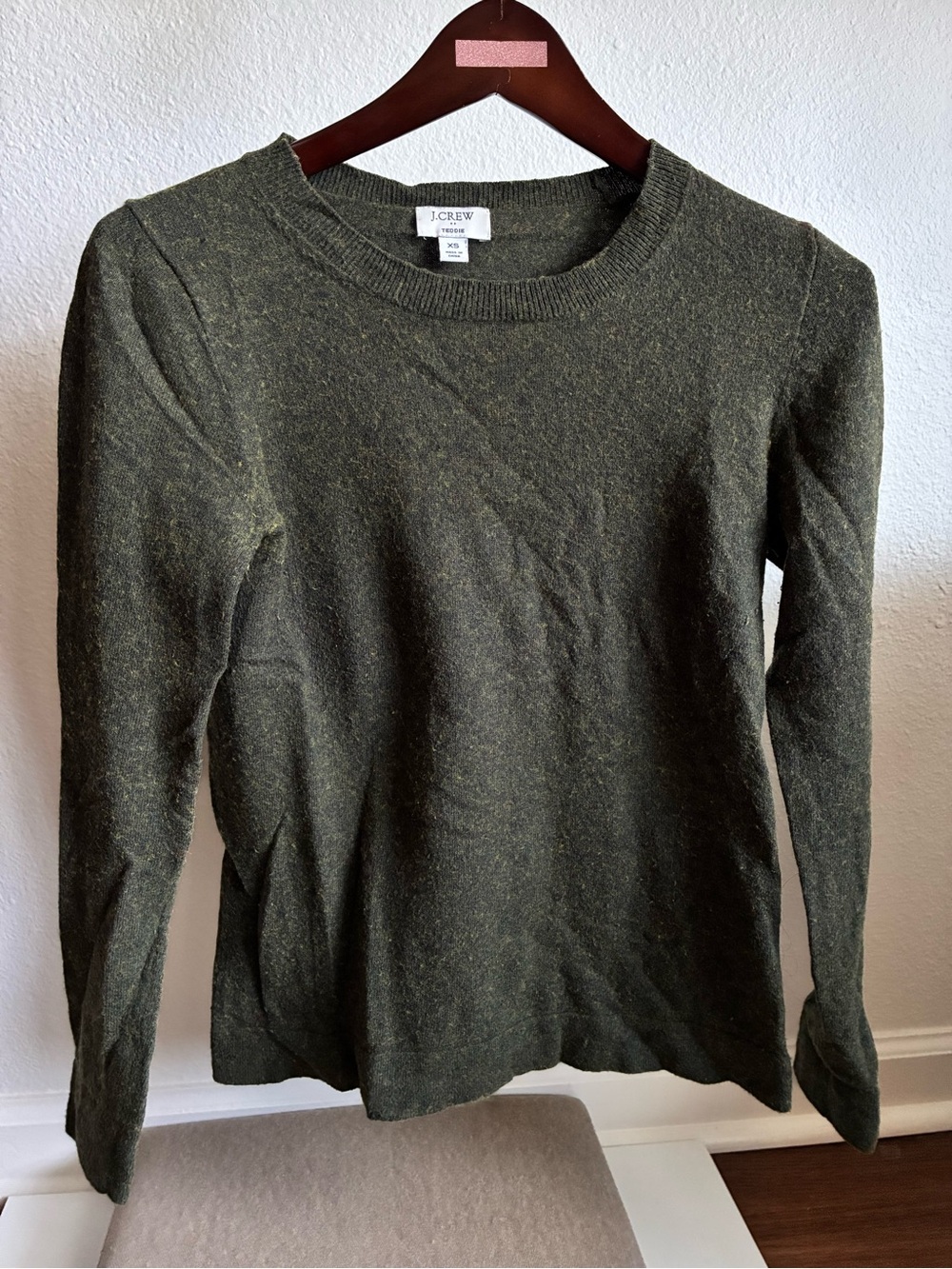 J. Crew Teddie Crewneck Sweater in Olive Green Fleck